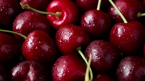 Download Cherry fruit, cherry background, ripe cherry fruit, red cherry, closeup of cherries with drops water for free