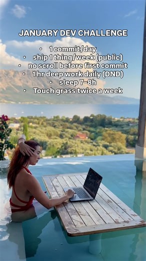 Delia Lazarescu on Instagram: "You in? 👀👇SAVE this for Jan & join the challenge … The January Dev Challenge 🧠💻 This isn’t aesthetic productivity. It’s boring, unsexy, career-compounding discipline. Rules I’m actually following (not just romanticizing): • 1 commit every single day • Ship 1 real thing per week (public = accountability) • No scrolling before the first commit (dopamine detox, cry about it) • 1 hour of deep work on Do not Disturb • Sleep like a functional adult (7–8h) • Touch gra