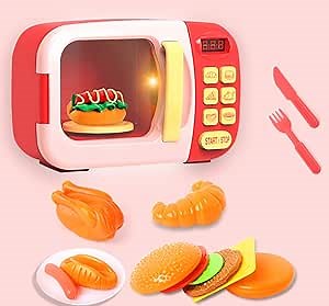 Kids Play Microwave Toy 13 Pcs Kitchen Playset with Play Food, Cooking Utensils Realistic Light & Sounds Kitchen Toys for Toddler Kids