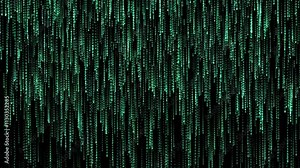 Matrix green background. Digital codes and algorithms on the monitor screen. Network of information systems and technologies.