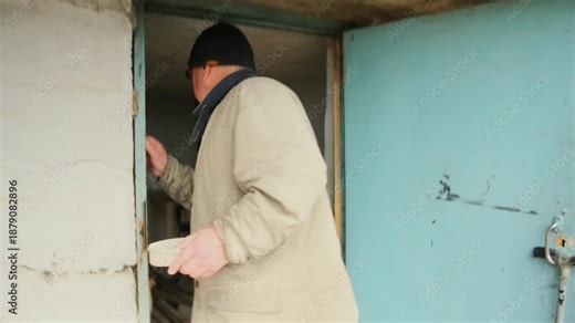 Man Searches For Tools Carefully - Older Gentleman Of Caucasian Ethnicity Collecting Objects With Purpose - An Elderly Caucasian Man Carefully Searches Cluttered Shed For Necessary Tools And Items