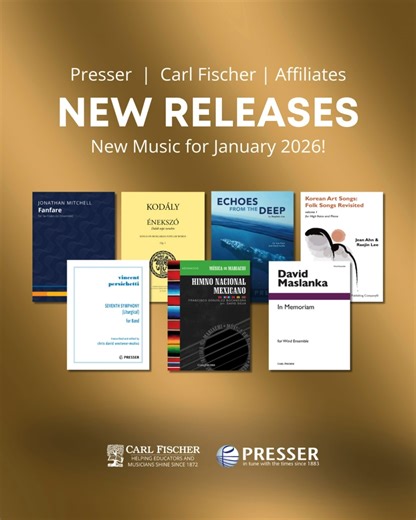 Theodore Presser Company on Instagram: "Our January releases include vocal, instrumental, and large ensemble music, including two classic Maslanka band works now available for purchase! Discover new repertoire for Mariachi and string orchestra, plus solos and ensembles for flute, piano, saxophone, bass clarinet, cello, violin, and organ. Visit presser.com/2026-january-new-releases to explore all that is new from Presser, @carlfischermusic, @alias.press, @jollyflute, @hildegard_publishing, #Musik