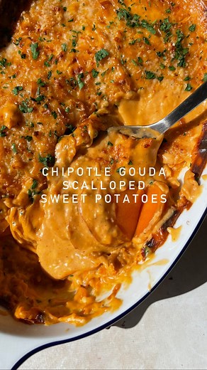 Monique: Ambitious Kitchen on Instagram: "what to make for Thanksgiving: BUBBLY HOT chipotle gouda scalloped sweet potatoes 襤 made with a lightened up cheese sauce full of smoked gouda cheese + the spicy sauce from canned chipotles in adobo! comment “send recipe” and i’ll DM you the link! or you can tap the link in my profile 李 ambitiouskitchen.com/chipotle-gouda-scalloped-sweet-potatoes"