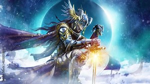 A beautiful valkyrie woman in golden golden shining armor dramatically leans on her sword in heavenly harbor against cold eclipse, she accompanies ships to Valhalla. clean looped 2d animation