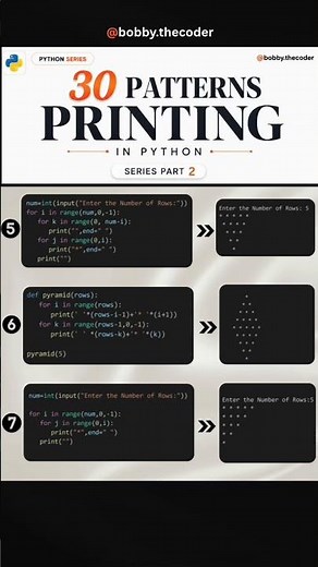 30 Python Pattern Printing Series 🐍 | Part 2 | Patterns 5, 6 & 7 for Beginners #coding #python #code