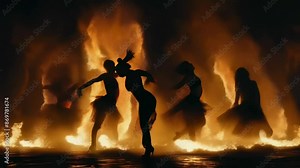 Silhouetted performers, likely women, dance gracefully with fire in a dramatic night performance. The fiery background illuminates their flowing movements, creating an intense, magical atmosphere.