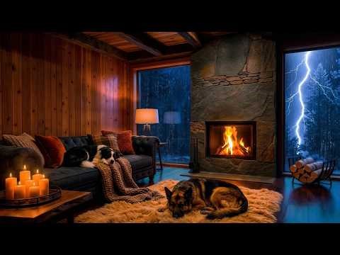 Stress Relief Thunderstorm ⚡ Modern Wood Cabin Interior with Dogs | Relaxing Ambience