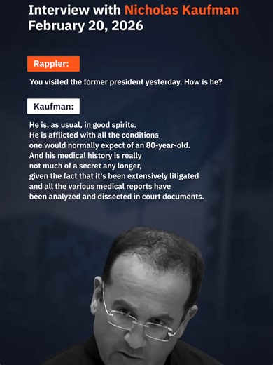 Duterte lawyer talks to Rappler before ICC hearings Former president Rodrigo Duterte is “in good spirits,” but is “considerably weaker, considerably frailer, considerably greyer,” says his lead defense counsel Nicholas Kaufman. Rappler reporter Lian Buan catches up with Kaufman for a brief conversation at the International Criminal Court in The Hague just before the pre-trial hearings start on Monday, February 23. Follow Rappler's coverage: https://www.rappler.com/philippines/guide-coverage-rodr