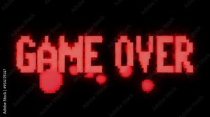 Game over pixel sign appears with glitch effect and flashing 8bit screen lights. Retro styled game over text