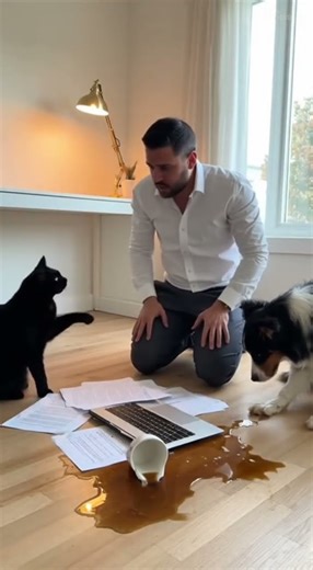 Cat and Dog Knock Coffee Over Work Laptop During Video Call