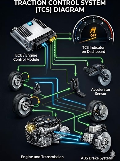 How to Understand Your Car’s Traction Control System (TCS) 🚗🛡️ The Traction Control System (TCS) is designed to prevent wheel slip during acceleration. It works alongside the ABS and the Engine ECU to keep your vehicle stable and in control, especially on slippery or low-grip surfaces. The Core Components & Their Roles: 🧠 ECU / Engine Control Module | The Brain Function: Processes data from wheel speed and throttle sensors. Role: When it detects a loss of traction, it decides whether to reduc