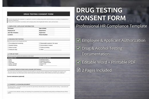 Drug Testing Consent Form Template | Editable Word & Printable PDF | HR Compliance Form - Etsy