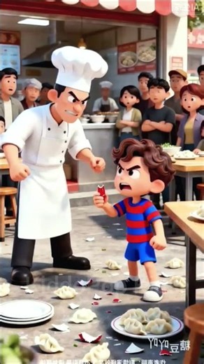 Angry chef confronts a mischievous kid who smashed plates of dumplings. 🍜👦👨‍🍳⚔️ #kids #baby #cartoon