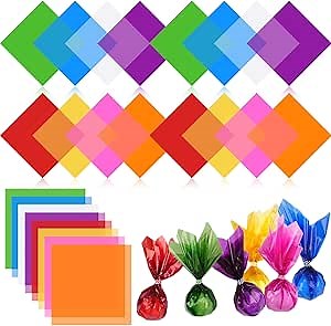 PEASUG 120 PCS Cellophane Sheets, Cello Sheets, Cellophane Paper Sheets, Colored Cellophane Wrap, Transparent Plastic Sheets for DIY Crafts Project, Art, Lights, Window Decoration（7.5x7.5 Inches)