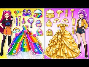 Rainbow vs Gold Glow Up! Rumi & Mira Makeup Fashion Challenge | DIY Fashion Paper Dolls