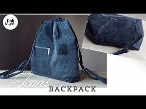 DIY Easy Jeans Drawstring Backpack sewing tutorial. Denim bag with zipper pocket.