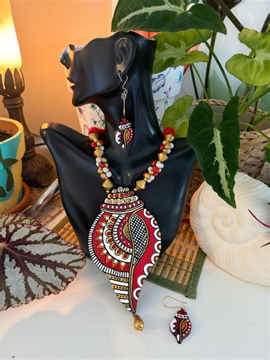 Terracotta Shankha (conch Shell) Jewelry Set in Red | Handmade Necklace Earrings | Indian Ethnic Jewelry - Etsy Canada