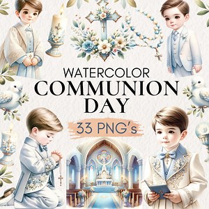 First Communion Clipart, First Holy Communion Clipart, Boy First Communion, Watercolor Catholic Clipart, Boho Religious Crafts, Church Decor - Etsy