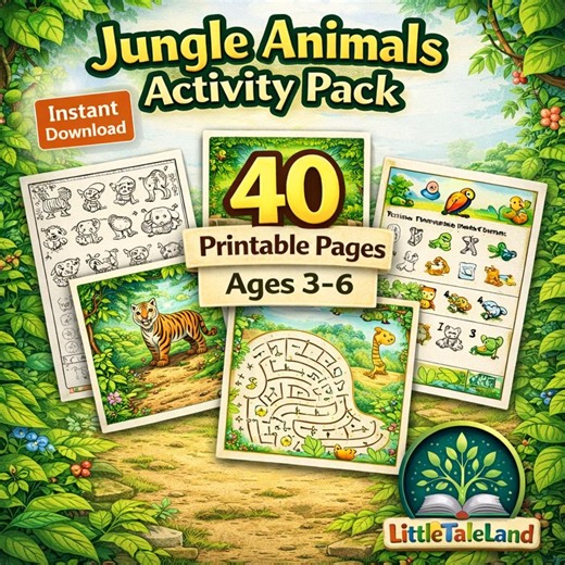 Jungle Animals Activity Pack Printable Ages 3–6, Preschool Worksheets Bundle, Toddler Learning Activities, Homeschool Classroom Printables