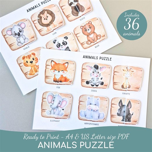 Animal Matching Game Puzzles: Watercolor Toddler Learning Activity, Montessori Baby Puzzles PDF printable