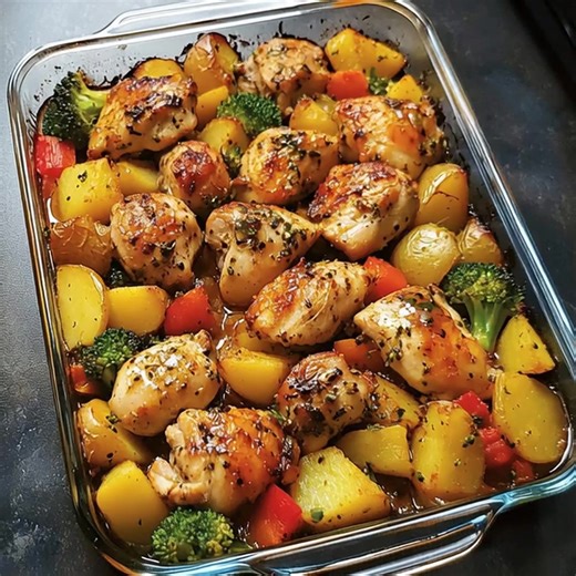 One-Pan Herb Chicken with Roasted Potatoes & Veggies 🍗🥔🥦 Prep time: 15 minutes Cook time: 40 minutes Servings: 4 Calories per serving: ~580 kcal Ingredients 🍗 For the chicken & marinade: 8 boneless, skinless chicken thighs 2 Tbsp olive oil 2 garlic cloves, minced 1 tsp dried oregano 1 tsp dried thyme or Italian seasoning Juice of ½ lemon Salt & black pepper 🥔 For the vegetables: 500 g (1.1 lb) yellow potatoes, chopped 1 red bell pepper, chopped 1 yellow bell pepper, chopped 1½ cups broccoli