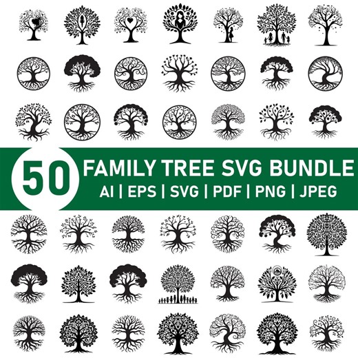50 Family Tree SVG Bundle, Tree of Life Clipart, Family Reunion & Split Monogram Designs, Custom Last Name Tree Svg, Png Cut Files, - Etsy