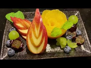 ♫【簡単フルーツカット】オレンジローズとリーフアップルとブドウの飾り切り[Easy fruit cut] Orange rose, leaf apple and grape decoration