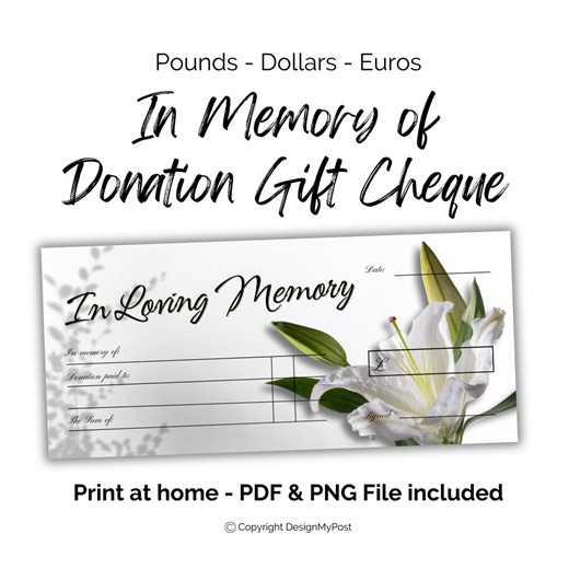 Bereavement Donation Gift Cheque: in Loving Memory (PDF & PNG) - Etsy