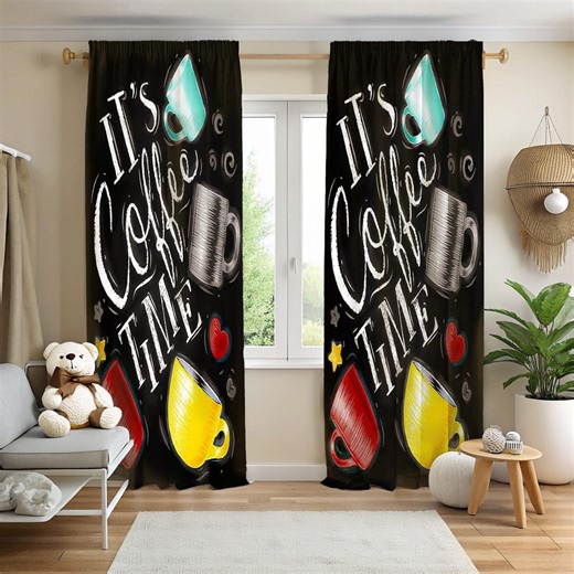 It's Coffee Time Window Curtains, Chalkboard Kitchen Drapes, Colorful Coffee Mug Illustration Drapes, Cafe Room Decor, Dining Room Curtains - Etsy
