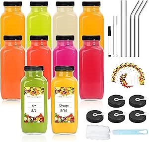 Ruckae 16oz 10pcs Glass Juice Bottles with Lids and Hole, Square Juicing Bottles Reusable Glass, Clear Glass Juicer Containers with Brush for Liquids, Juices, Smoothies, Salad Dressings, Picnics