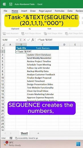 Auto Generate Task IDs in Excel 💡 | SEQUENCE + TEXT Function Explained!