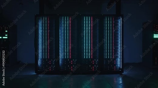 Powering server cabinet LEDs pulsing on four vertical arrays in dim room, red lights