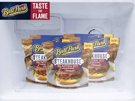 Introduce NEW Ball Park Steakhouse Burgers to your freezer. Flame grilled taste every time you open the door. Find it in the freezer aisle. | Ball Park Brand