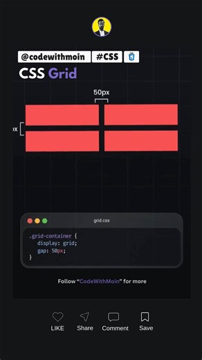 CodeWithMoin on Instagram: "CSS Grid explained in 60 seconds! 🎯 The future of CSS layouts is here. #CSSGrid #WebDev #Coding #WebDesign #FrontEnd #Developer #LearnToCode #Programming #CSS3 #Layout #UIDesign #WebDevelopment"