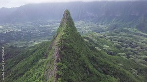 Koa tree and foliage covered mountain spine on Windward side of Oahu Hawaii with a hazy sky, Aerial dolly tilt up of Three Peaks Hiking trail, also known as Olomana.