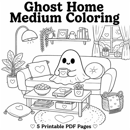 Ghost Coloring Pages Printable PDF, Cozy Ghost Home, Medium, 5 Pages, Adult Coloring - Etsy
