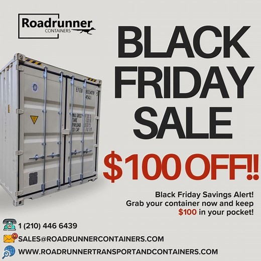 Get ready to save big this Black Friday with Roadrunner Containers! 🚚📦 Enjoy $100 off any shipping container! It's the perfect time to get the storage or transportation solution you need. #blackfridayshopping #RoadrunnerContainers #shippingcontainersales #ContainerDeals #StorageSolutions #SaveBig #blackfridaydeals | Roadrunner Containers