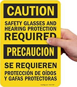 SmartSign "Caution - Safety Glasses and Hearing Protection Required" Bilingual Label | 7" x 10" Laminated Vinyl