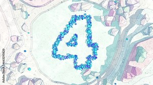 Digit 4 Made of of Colorful Balls Falling into Stone Canyon. Animation in Cartoon Style for Learning Digits, Numbers and Count that is a Part of 0 to 9 Sequence. Stock Video