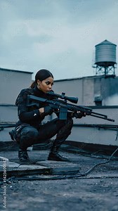 Woman in tactical gear aims sniper rifle on rooftop, urban environment. Prepared special forces agent on patrol in full uniform and optical sight.