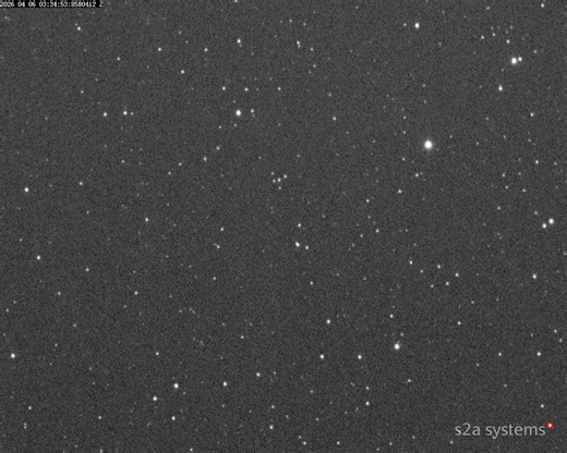 Today’s Artemis II: Integrity on its way to the Moon. Crossing the field of view from the bottom left to the top right. Time-lapse covering the period from 03:34:53 to 06:12:07 UTC on 2026-04-06.