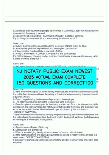 NJ NOTARY PUBLIC EXAM NEWEST 2025 ACTUAL EXAM COMPLETE 150 QUESTIONS AND CORRECT100 video