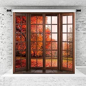 Kate Fall Backdrops Autumn Photography Backdrops Maple Leaves Forest Window Fall Photo Backdrop Thanksgiving Photo Prop, 10x10ft