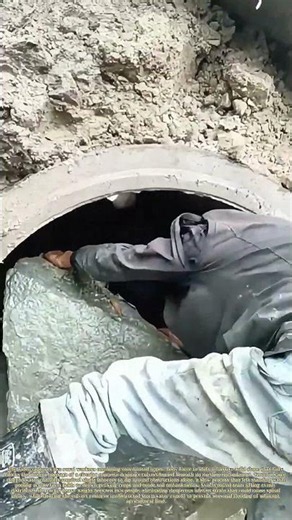 Clearing Blockages: Two Laborers Team Up To Remove Large Rock Jammed Inside A Drain Culvert