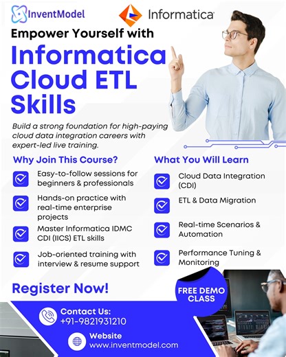 InventModel Technology Solution on Instagram: "🚀 Master Informatica IDMC CDI (IICS) – Cloud ETL Skills Upgrade your career with live, instructor-led Informatica Cloud Data Integration (CDI) training designed for beginners to working professionals. 🔥 Why join? ✅ Live hands-on ETL training ✅ 200+ real-time scenarios & projects ✅ Informatica certification guidance ✅ Resume, interview & job support ✅ High-demand Cloud Data Integration skills ⏳ Limited Seats Available! ▶️ Demo Video: https://youtu.