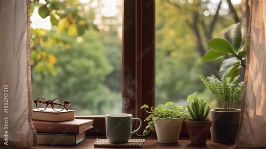 Cozy window sill with plants and books, shot from a side angle, perfect for a calming video. Live desktop wallpaper.
