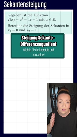 Sekantensteigung berechnen mit dem Differenzenquotienten ✍️ Gegeben ist: f(x) = x² - 4x   1 Gesucht ist die Steigung der Sekante zwischen x₁ = 0 und x₂ = 1. Dafür brauchst du: m = (y₂ - y₁) / (x₂ - x₁) Erst die Funktionswerte berechnen: f(0) = 1 f(1) = -2 Dann einsetzen: m = (-2 - 1) / (1 - 0) m = -3 Die Sekantensteigung ist also -3 ✅ Das brauchst du in der Oberstufe vor allem bei durchschnittlichen Änderungsraten, Sekanten und als Vorbereitung auf die Ableitung. Speichere dir das Video ab, wenn