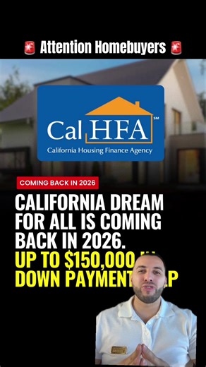Attention California homebuyers! 🏡🚨 The CalHFA 20% down payment assistance (up to $150,000) is officially coming back in 2026 - and the state has set aside $300 million for this program. That's enough to help 2,000 new families become homeowners. Early registration starts in 2026 Only one buyer must be a first-generation homebuyer Only one buyer must be a California resident Both buyers must be first-time homebuyers Combined income must be below the county limit Allocation is based on a lotter