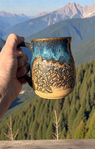 Handmade Blue Stoneware Mug With Tree/forest Scene - Etsy