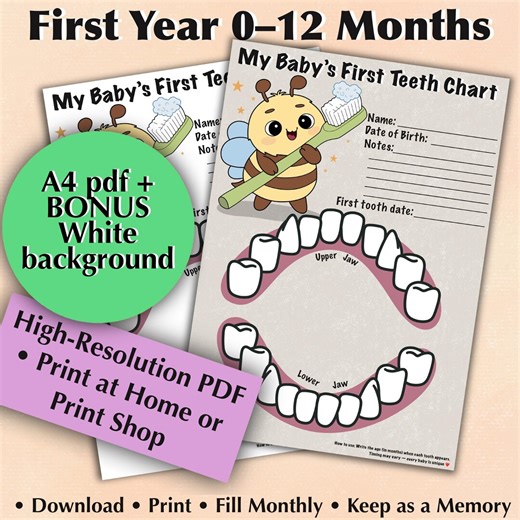 Bee Baby Tooth Chart Printable | Nursery Decor (A4 PDF, Bonus Version) - Etsy